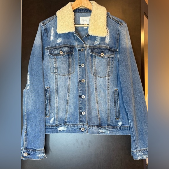 JESSICA SIMPSON Distressed Denim Jacket with Cream Sherpa - Picture 1 of 14